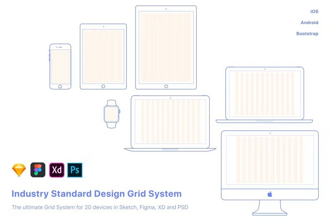UX-Design Grid Systems for 20 Devices for Sketch