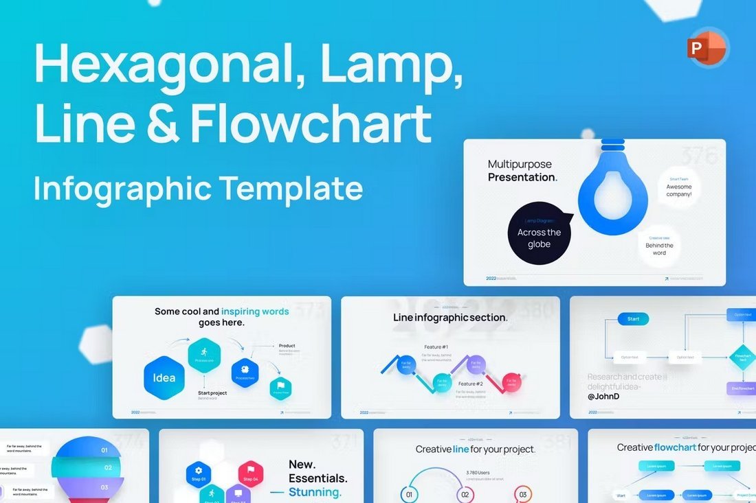 Hexagonal, Line & Flow Chart PowerPoint Template