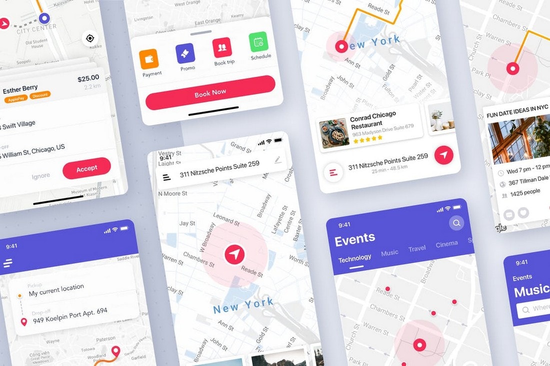 Map UI Screens Template for Mobile App