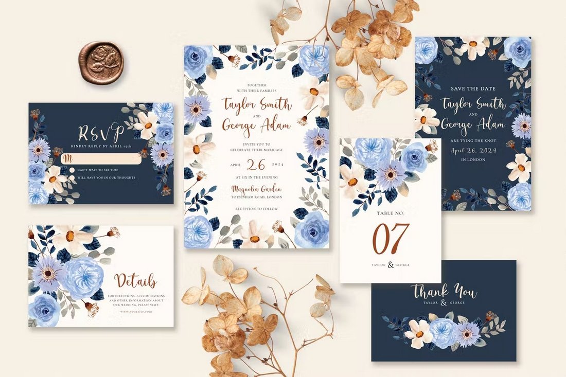 Vintage Blue Floral Wedding Invitation Set