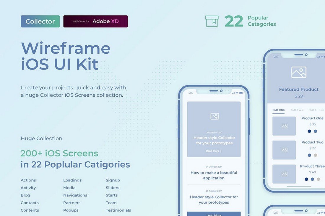 Collector iOS Wireframe UI Kit for Adobe XD