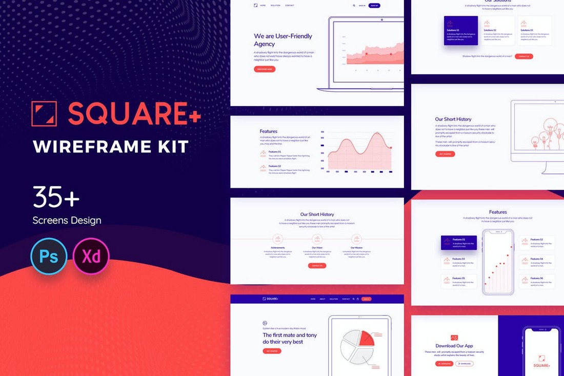 Square+ - Web Wireframe Kit for Adobe XD