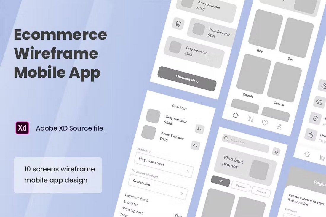 eCommerce Mobile App Wireframing Kit for Adobe XD