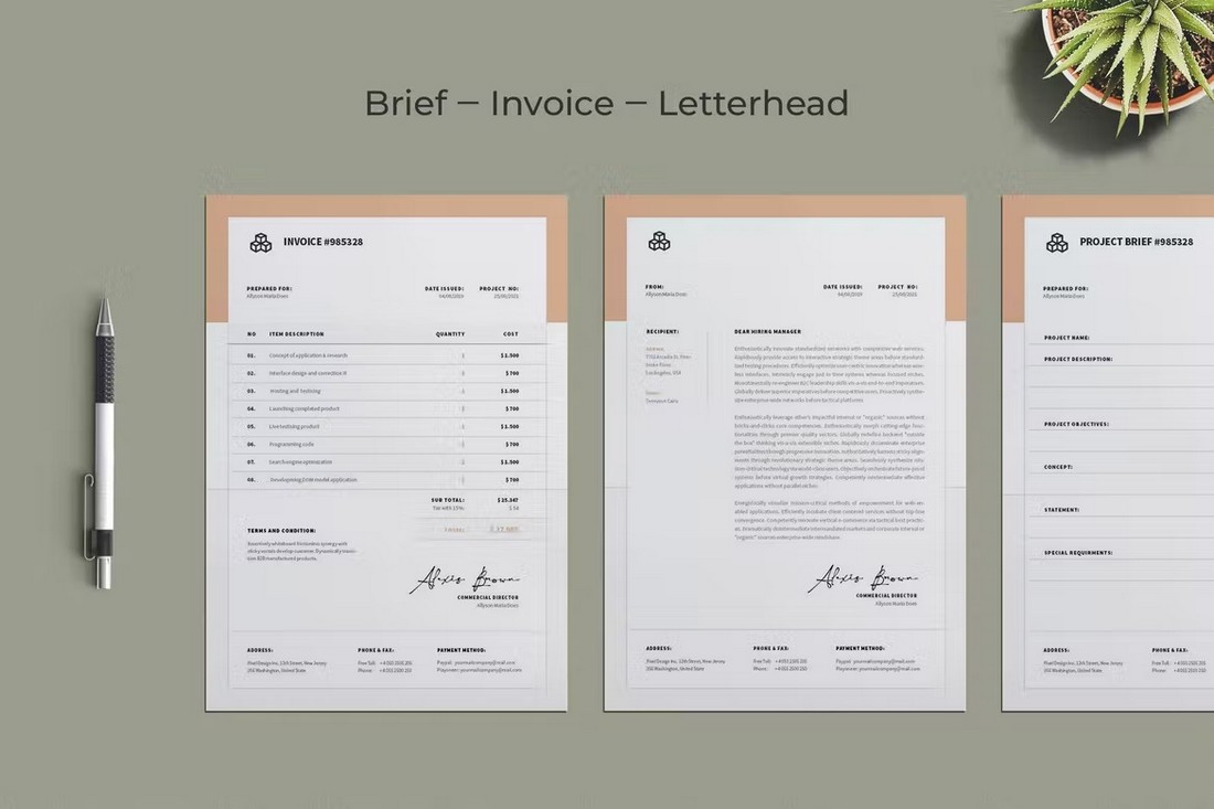 Invoice, Letterhead, & Brief InDesign Templates