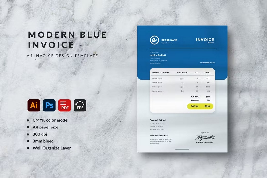 Modern Blue - Illustrator Invoice Template