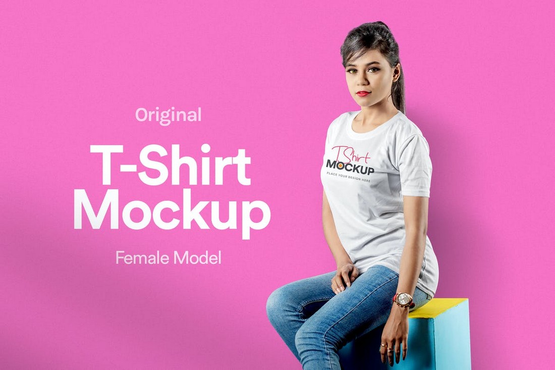 Modern T-Shirt Mockup with Female Model