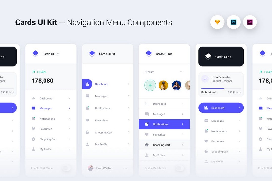 Cards UI Kit - Navigation Menu Components