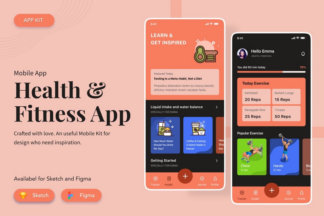 Health Fitness App UI Kit for Sketch