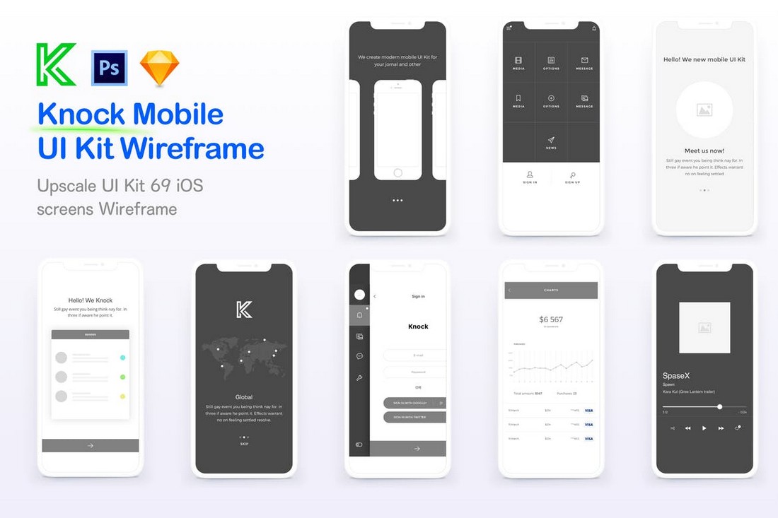 Knock Mobile UI Kit Wireframe Screens