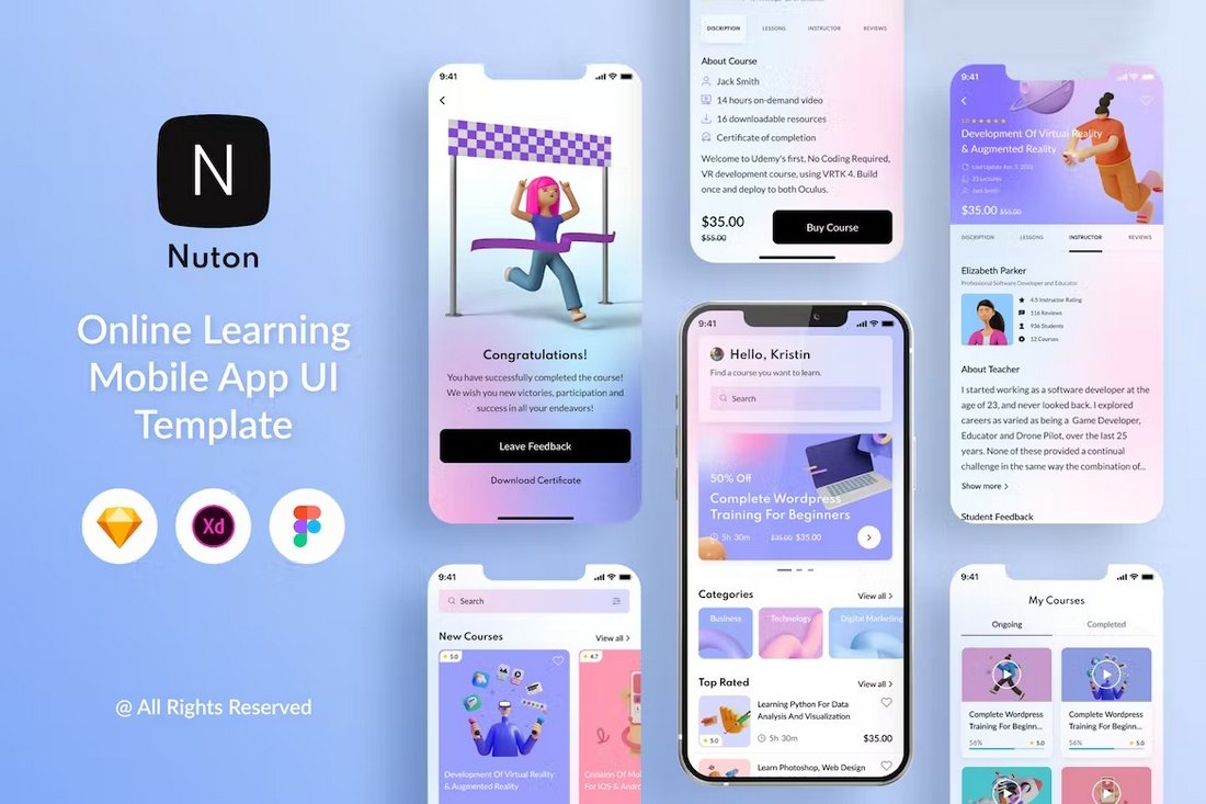 Nuton - Online Learning App UI Sketch Template