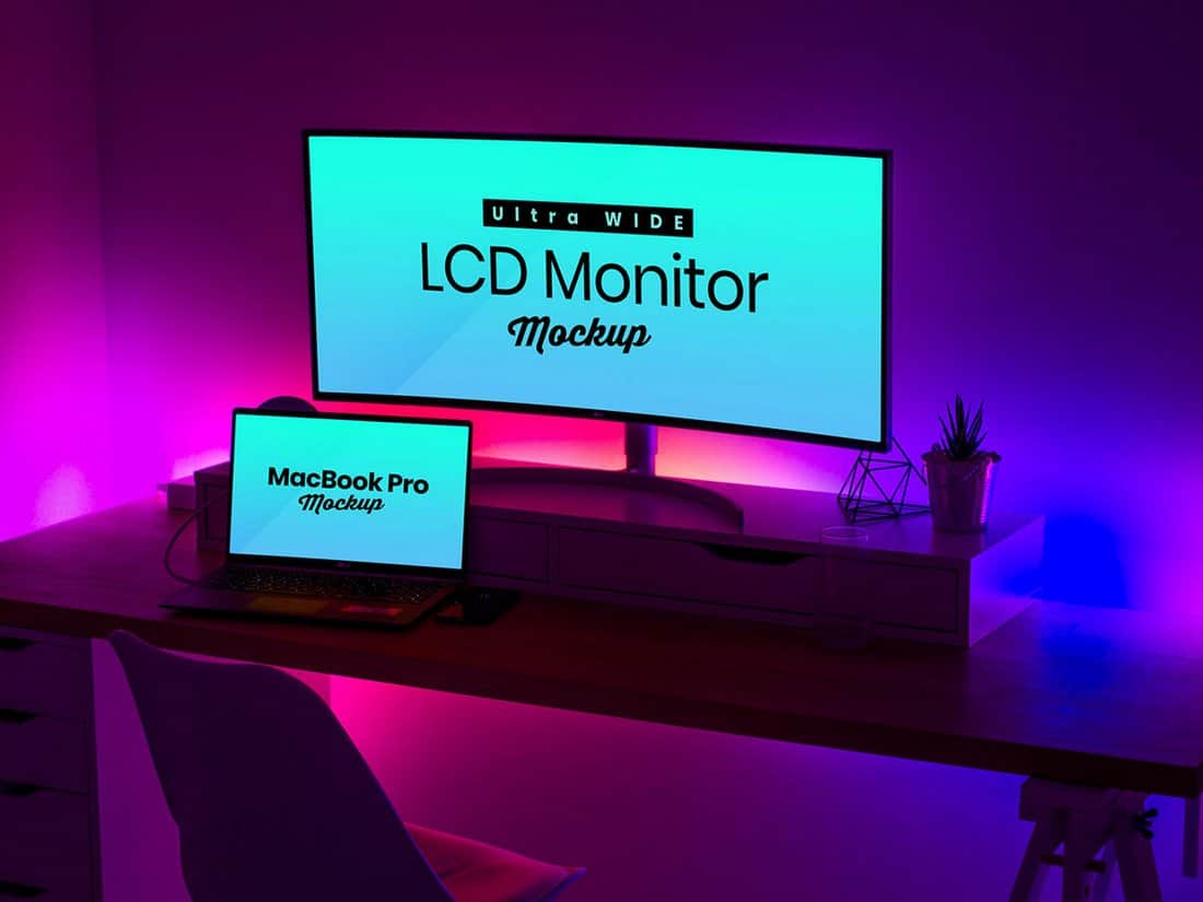 Free Ultra Wide Monitor & MacBook Pro Mockup PSD