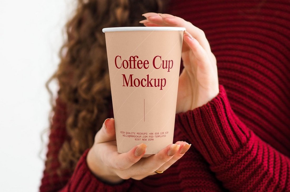 Free Coffee Cup in Women Hands Mockup